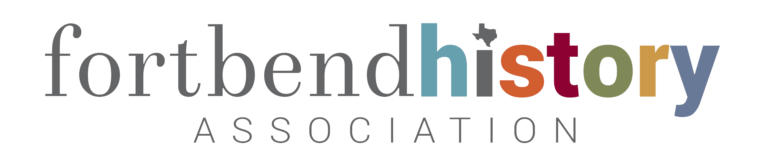 Logo for the Fort Bend History Association, with "fortbend" in gray lowercase, "history" in colorful letters, and an outline of Texas as the dot on the "i". "ASSOCIATION" appears in gray capital letters below.