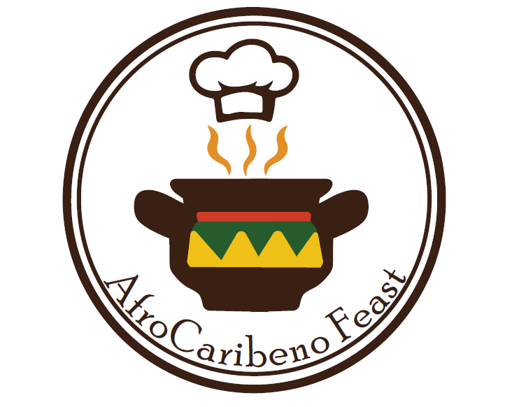 Logo featuring a black cooking pot with colorful patterns, steam rising to a chef’s hat above it, and the text “AfroCaribeño Feast” in a circular brown border.