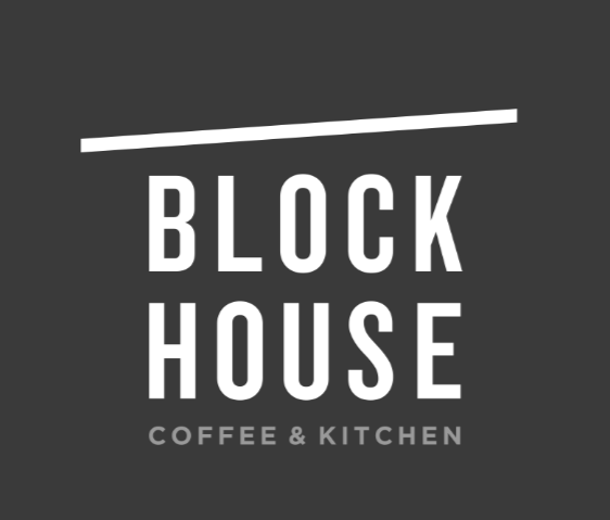 White text on a dark gray background reads "BLOCK HOUSE" with a diagonal white line above the text. Below, smaller text says "COFFEE & KITCHEN." The design is modern and minimalist.
