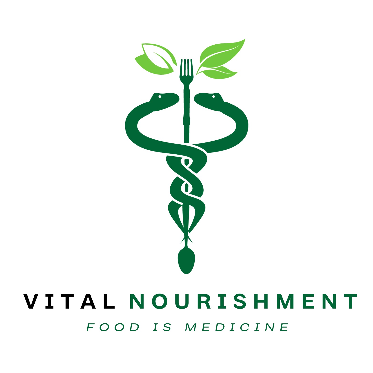 Logo with two green snakes winding around a fork and spoon, topped with two leaves. Below, the text reads “Vital Nourishment” and “Food is Medicine.” The design suggests a focus on nutritious, healing food.