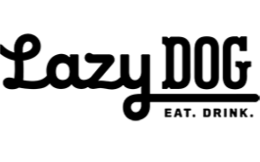 The image shows the Lazy Dog Restaurant logo, featuring the words "Lazy DOG" in bold script and block letters, with "EAT. DRINK." in smaller uppercase text below the word "DOG.