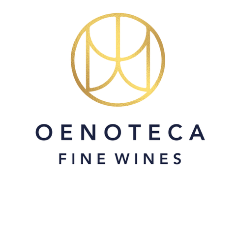 A gold circular logo with abstract lines above the words "OENOTECA FINE WINES" in dark blue, all set against a white background.