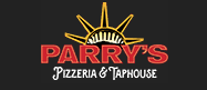 Logo for Parry’s Pizzeria & Taphouse featuring a stylized yellow sun rising behind the name "Parry's" in large red letters, with "Pizzeria & Taphouse" in white script below, on a black background.