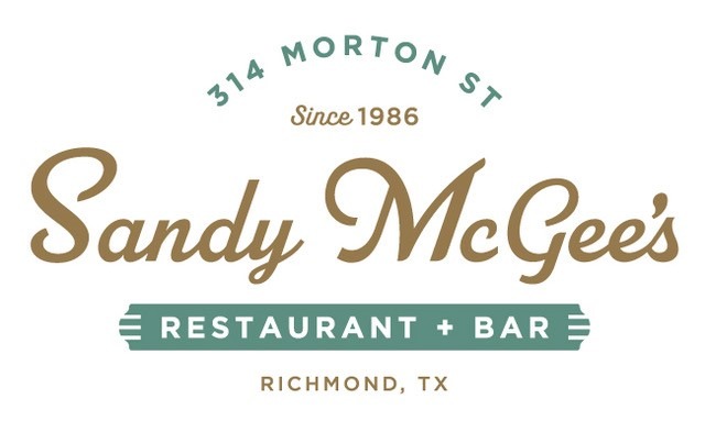 Logo for Sandy McGee’s Restaurant + Bar. Text includes "314 Morton St, Since 1986, Sandy McGee’s Restaurant + Bar, Richmond, TX" in green and tan lettering with decorative fonts.