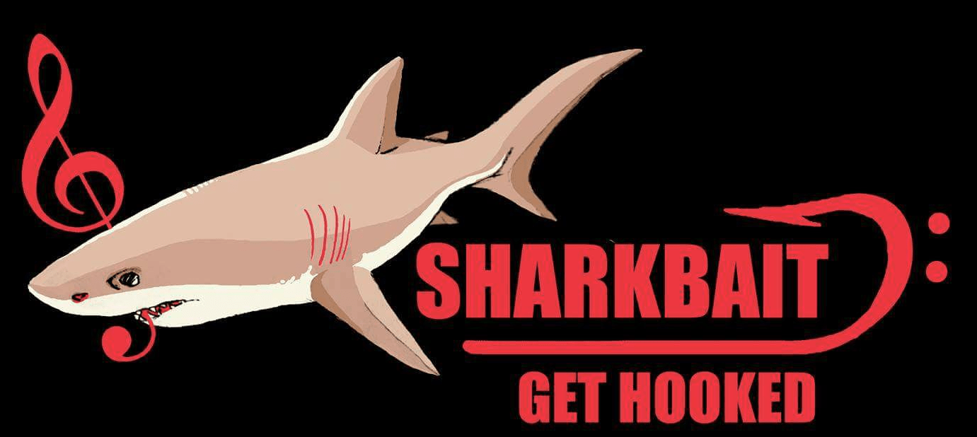 A cartoon shark swims next to a red treble clef and a large red fish hook. Bold red text reads "SHARKBAIT" and below it, in smaller letters, "GET HOOKED," all on a black background.