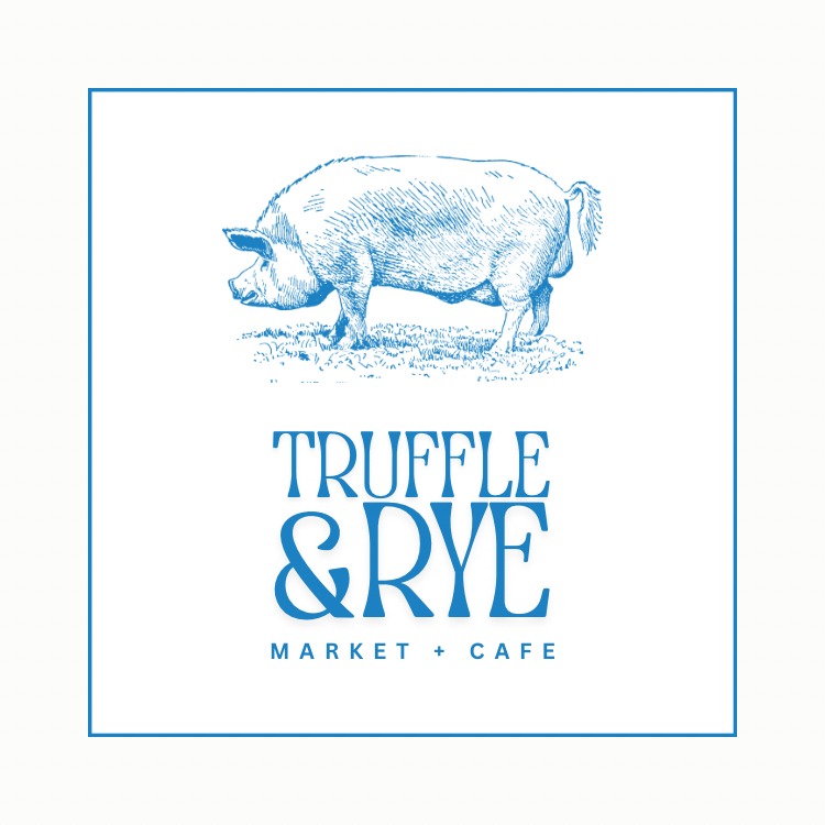 A blue sketch of a pig stands above the words "Truffle & Rye Market + Cafe" in bold blue letters, all enclosed within a thin blue square border on a white background.