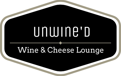 A black and white hexagonal logo with the text “unwine’d” above “Wine & Cheese Lounge” in white lettering, separated by a small diamond symbol.