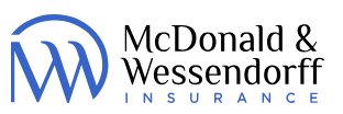 Logo for McDonald & Wessendorff Insurance, featuring a stylized blue "MW" beside the company name in black and the word "INSURANCE" below in blue capital letters.