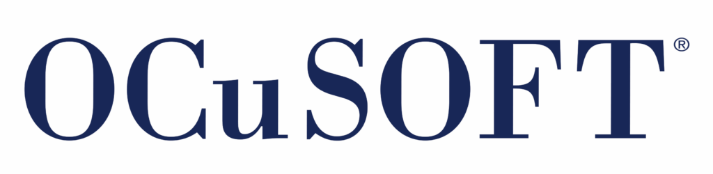 The image displays the text "OCuSOFT" in large, dark blue, serif font on a white background.