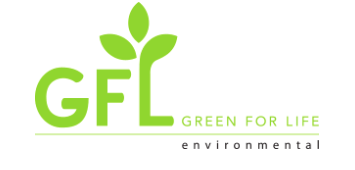 Green For Life (GFL) Environmental logo with green "GFL" letters; the "L" forms a plant stem with three leaves. The words "Green For Life" and "environmental" appear beneath in light green and black.