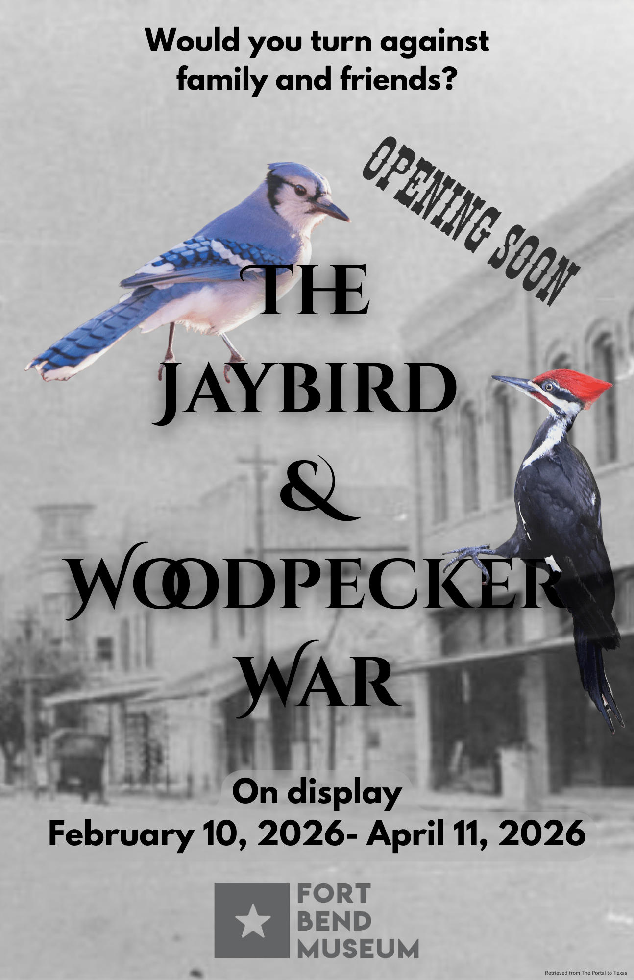 Poster for the Fort Bend Museum exhibit "The Jaybird & Woodpecker War," showing a blue jay and a woodpecker over a historic street. Exhibit dates: February 10 to April 11, 2026. Text: "Opening Soon" and a tagline at the top.