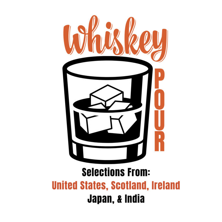 A graphic of a whiskey glass with ice cubes, featuring the words "Whiskey Pour." Below, it lists selections from the United States, Scotland, Ireland, Japan, and India in bold and colorful text.