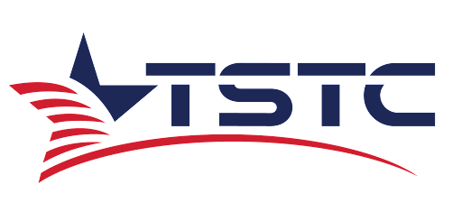 The image shows the TSTC logo with blue stylized letters next to a blue star and five red stripes, with a curved red line below, all on a light background.