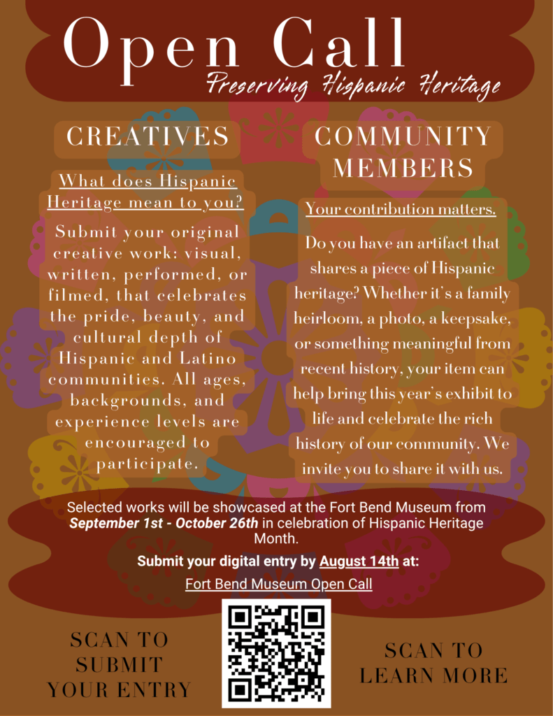 Open Call flyer with gold and maroon colors, inviting creatives and community members to submit works celebrating Hispanic Heritage for a museum exhibit. Includes submission deadline, QR codes, and decorative patterns.