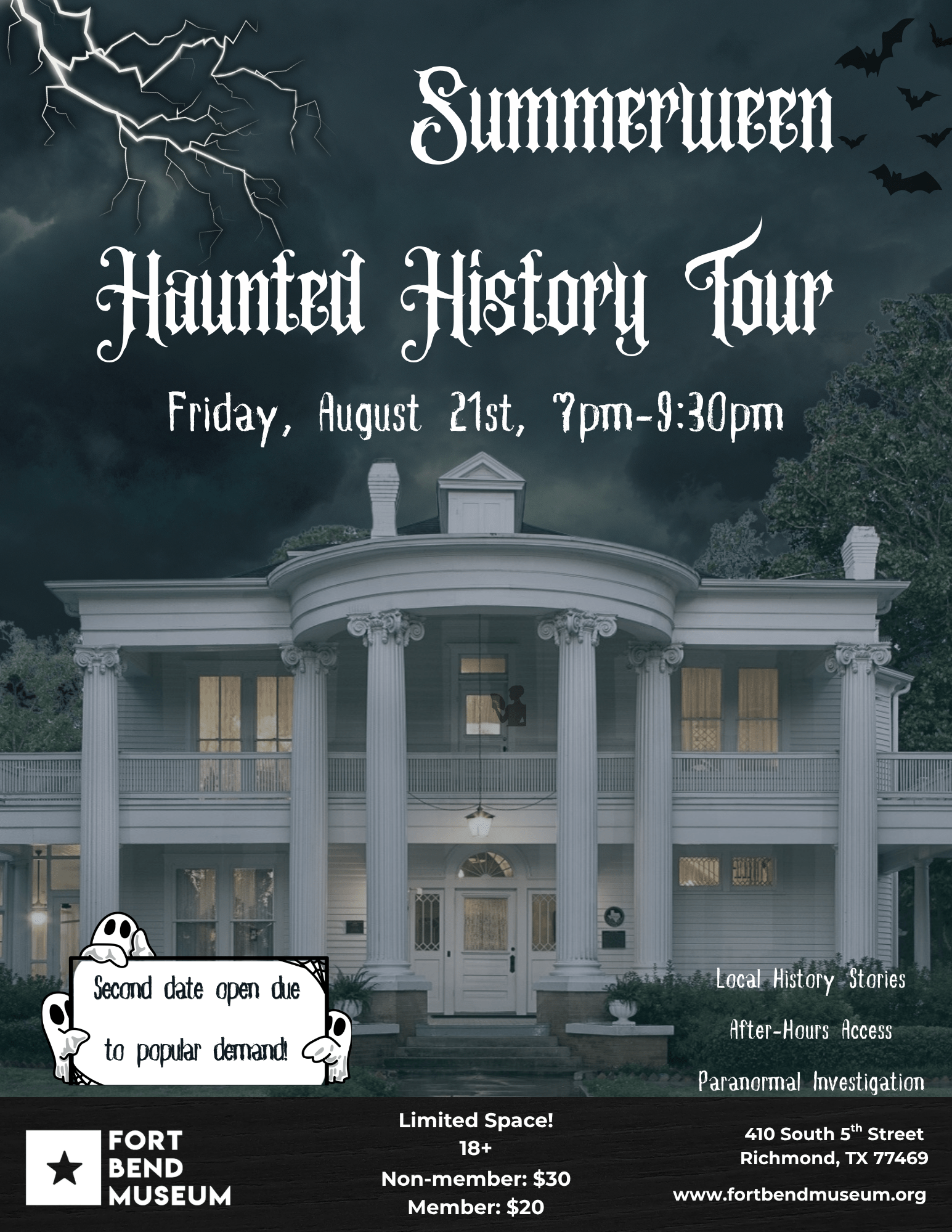 A grand white mansion at night with dark clouds and bats. Text promotes a Summerween Haunted History Tour on August 21, 7–9:30pm, at Fort Bend Museum, Richmond, TX. Second date added due to demand.